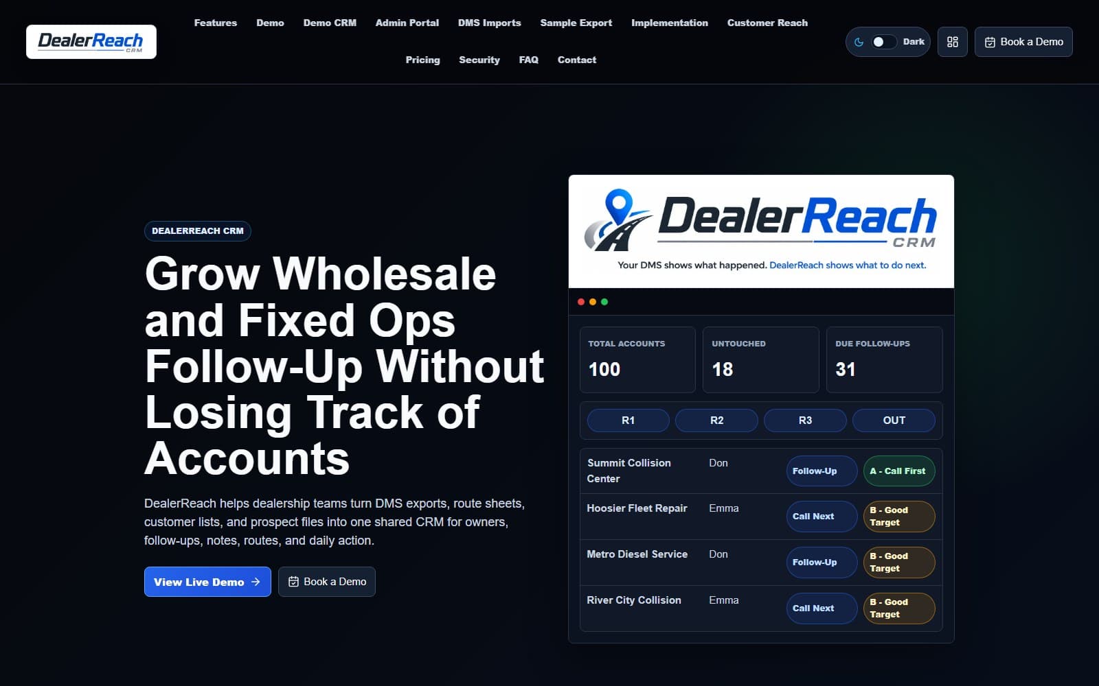 DealerReachCRM website homepage shown in a desktop browser